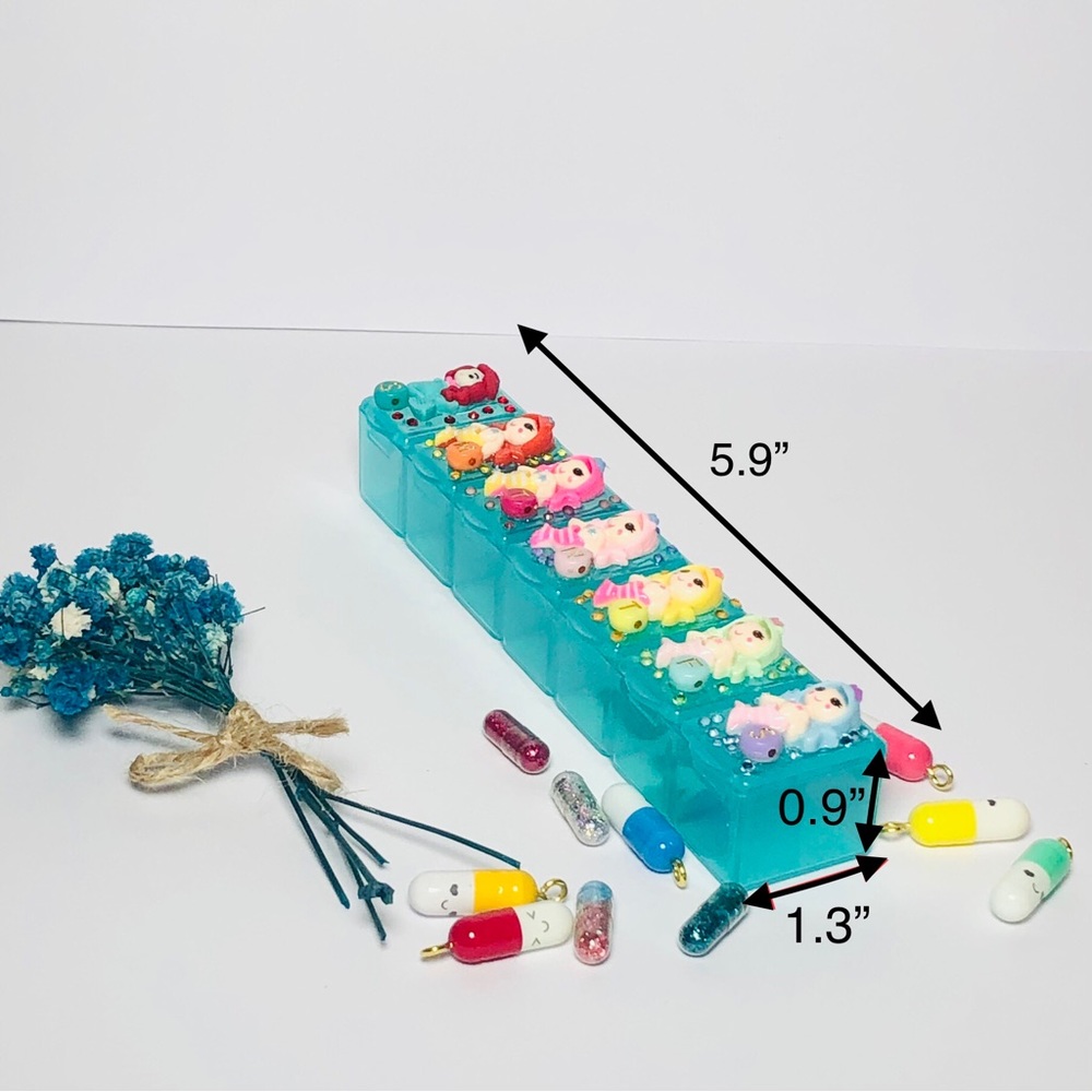 Handmade | Small Cyan Mermaids & Rhinestones Weekly Pill Container/Case - Picture 9 of 9